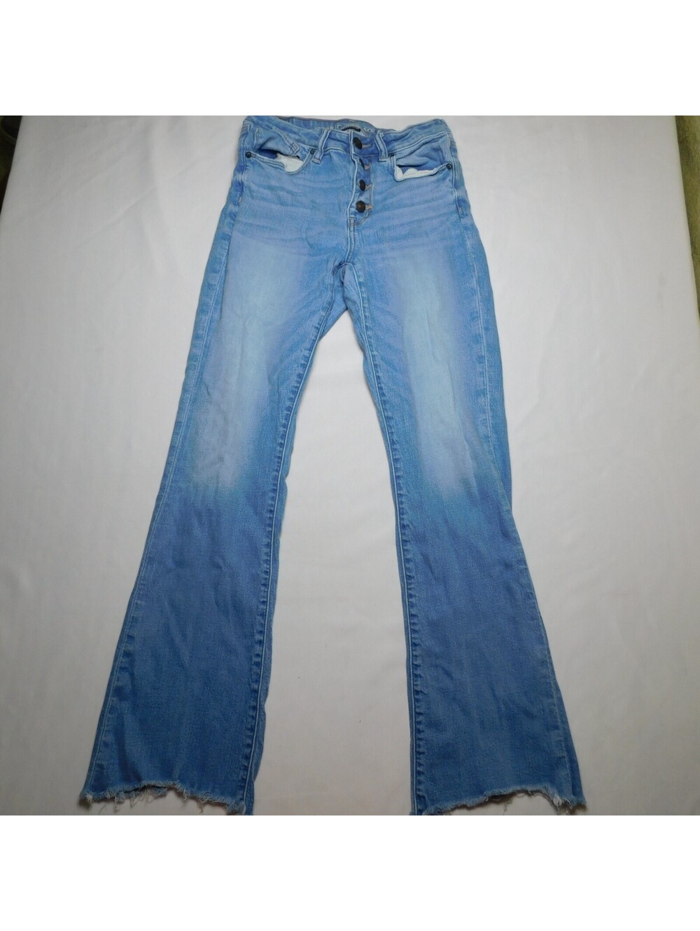 American Eagle Super Stretch Flare Jeans Womens 6 Regular Button Fly Frayed Hem